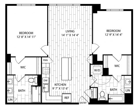 Floor plan for 2 beds, 2 baths, 1237 sqft